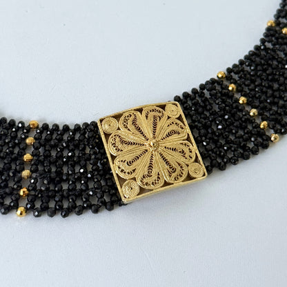 Black Spinel & 18k Yellow Gold Plated Choker with Floral Centerpiece