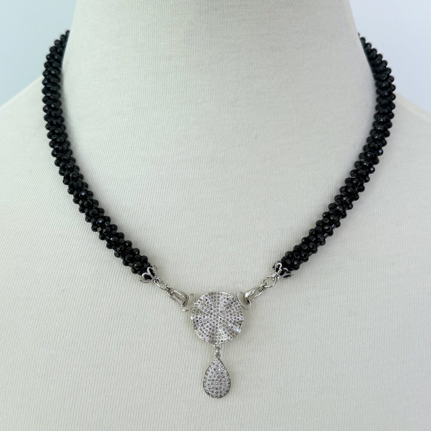 Black Spinel Rope Necklace with Diamond Centerpiece