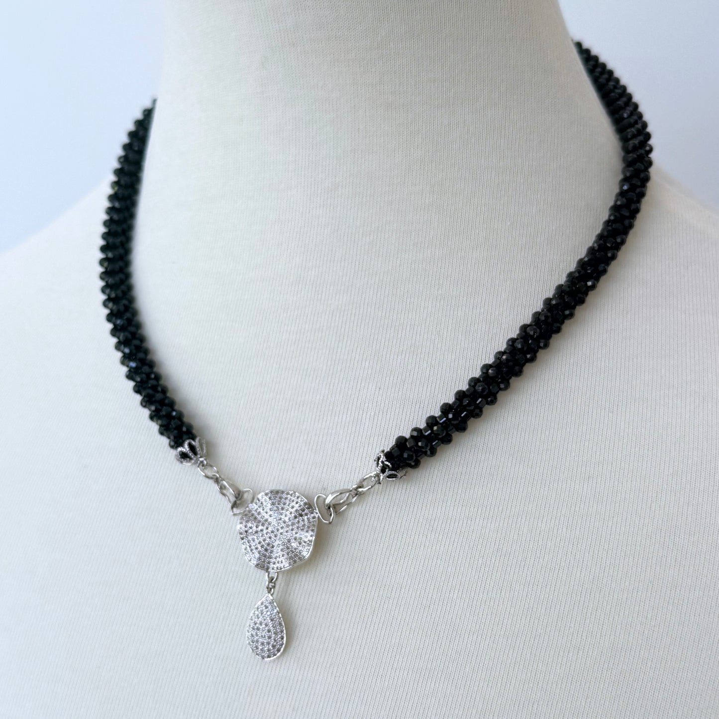 Black Spinel Rope Necklace with Diamond Centerpiece