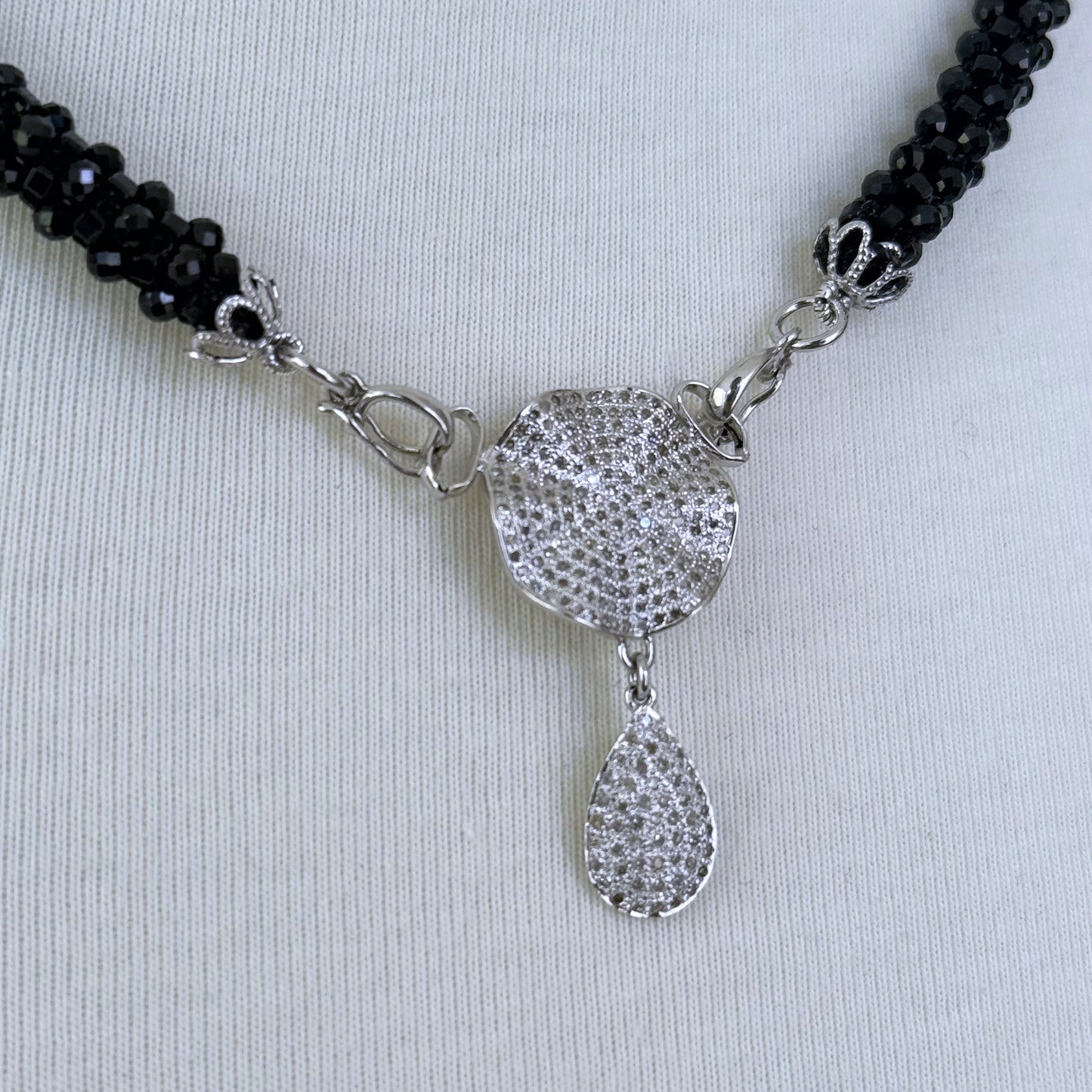 Black Spinel Rope Necklace with Diamond Centerpiece
