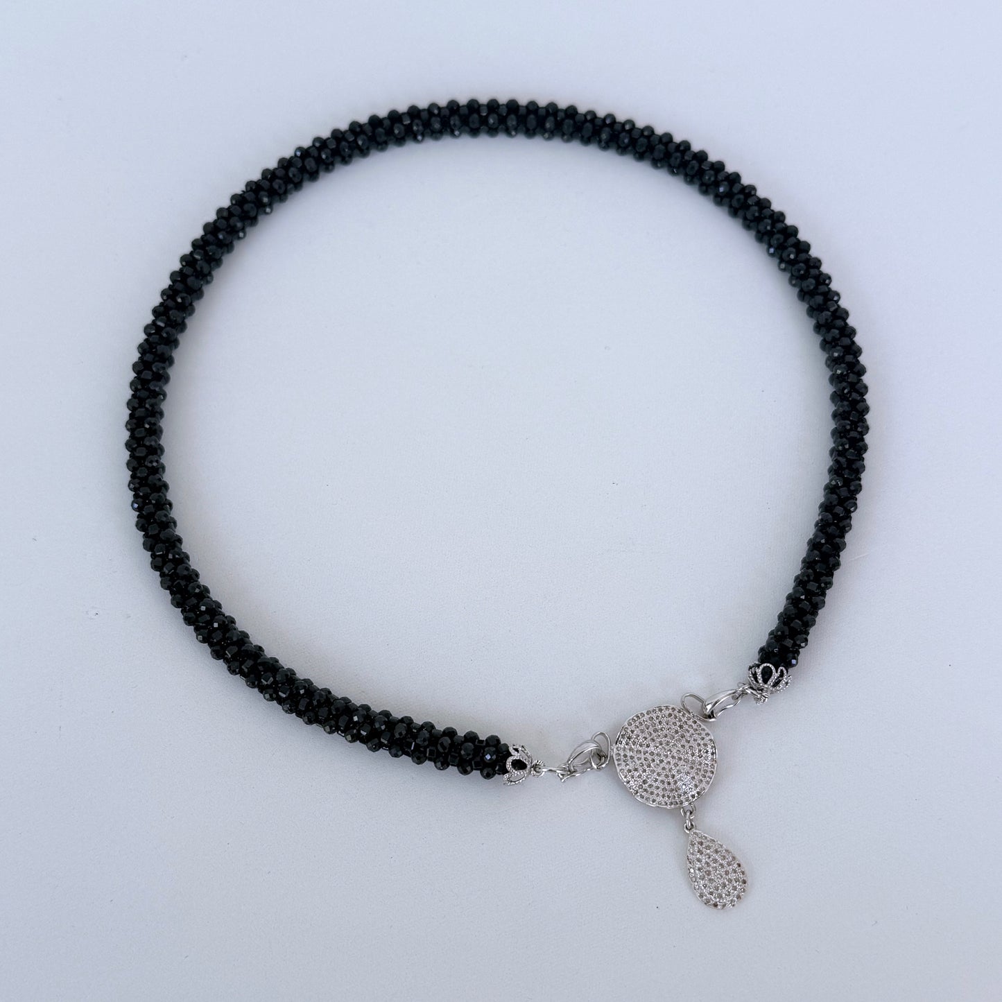 Black Spinel Rope Necklace with Diamond Centerpiece