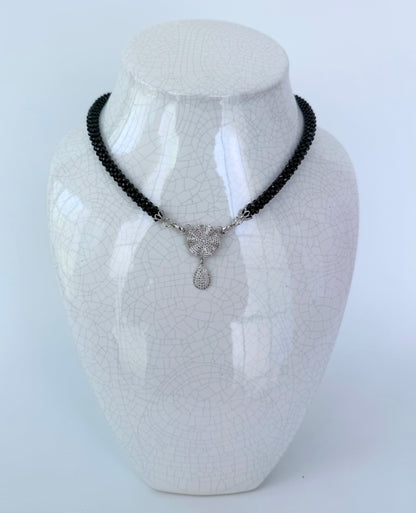 Black Spinel Rope Necklace with Diamond Centerpiece