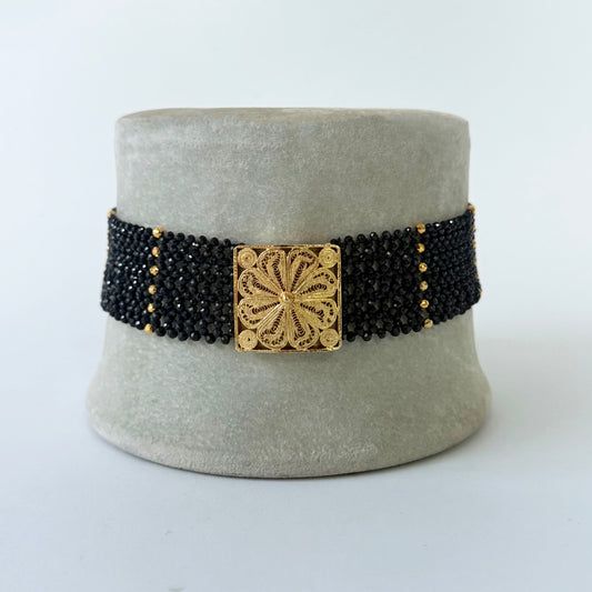 Black Spinel & 18k Yellow Gold Plated Choker with Floral Centerpiece