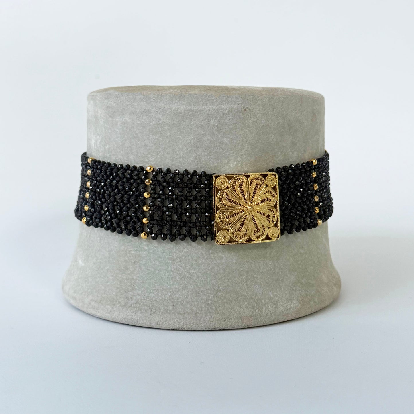 Black Spinel & 18k Yellow Gold Plated Choker with Floral Centerpiece
