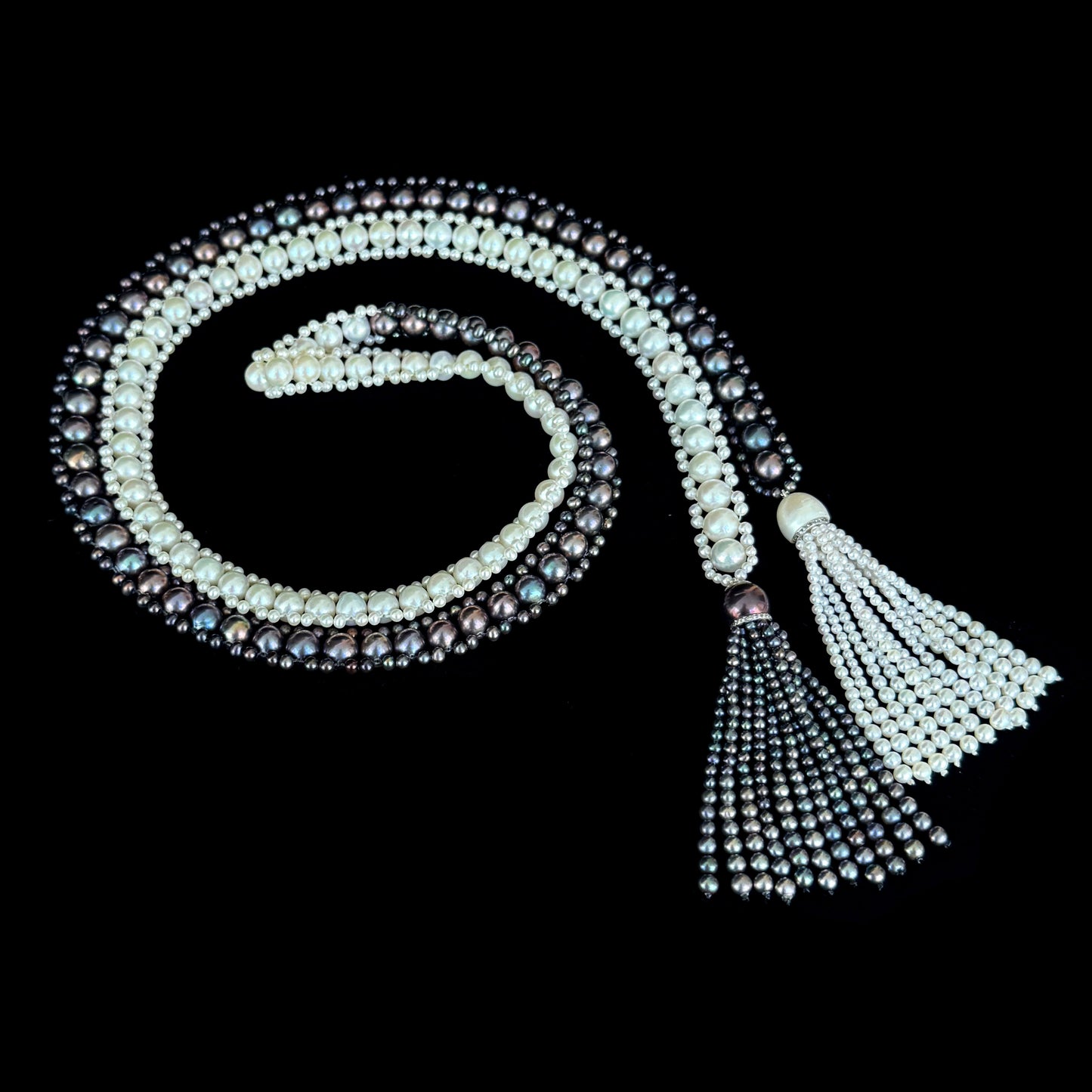 Black & White Pearl Sautoir Lariat with Diamonds