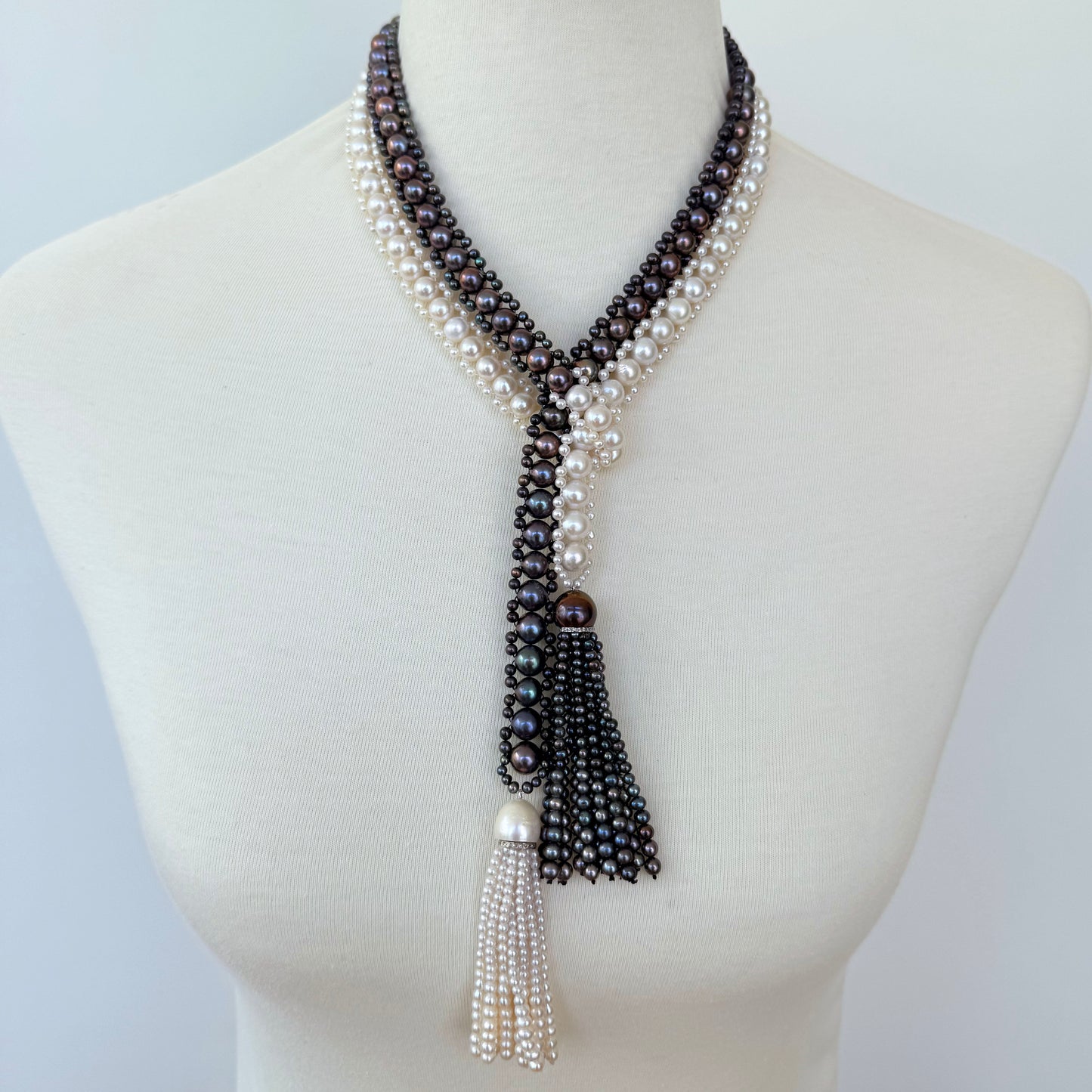 Black & White Pearl Sautoir Lariat with Diamonds