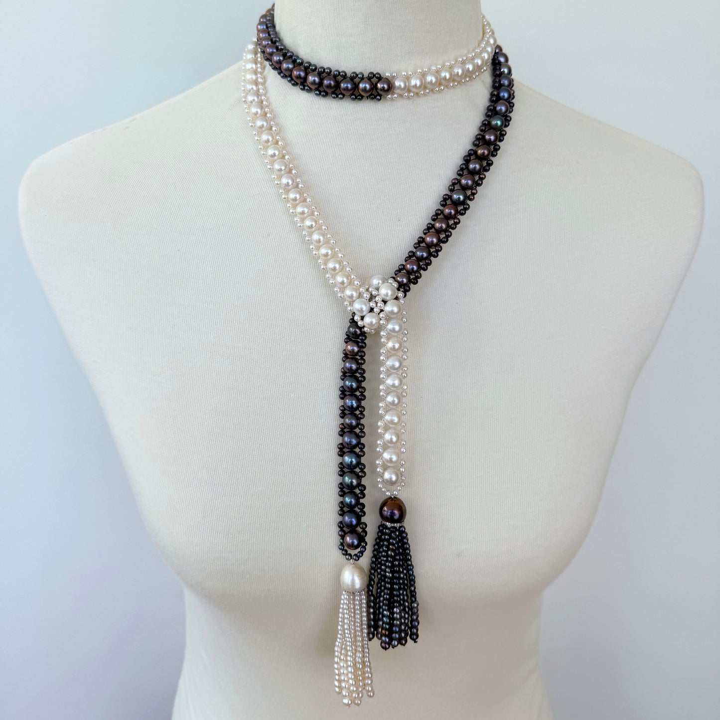 Black & White Pearl Sautoir Lariat with Diamonds