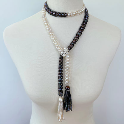 Black & White Pearl Sautoir Lariat with Diamonds