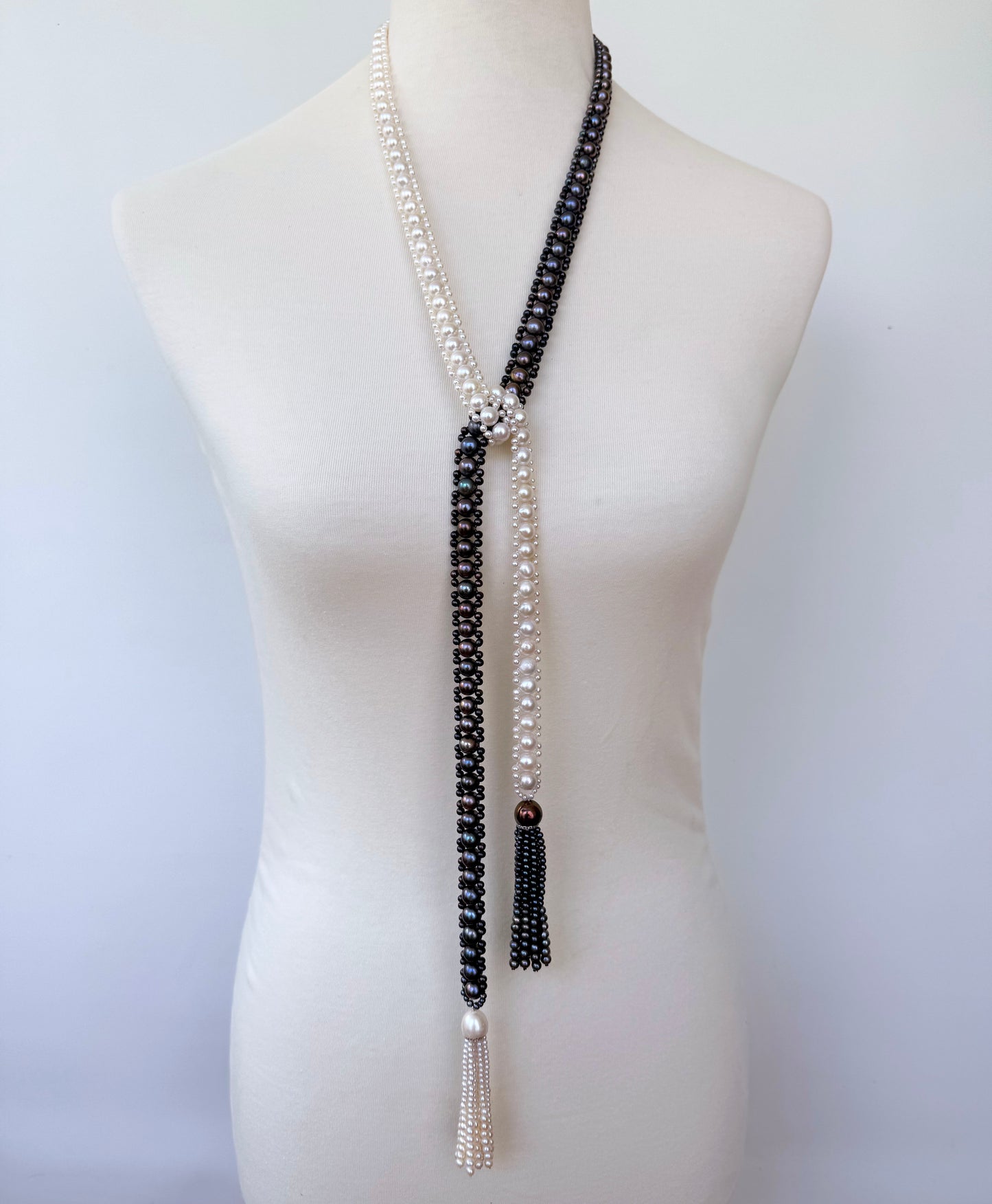 Black & White Pearl Sautoir Lariat with Diamonds