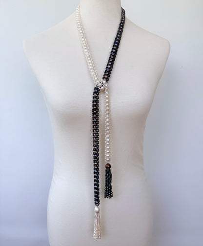 Black & White Pearl Sautoir Lariat with Diamonds