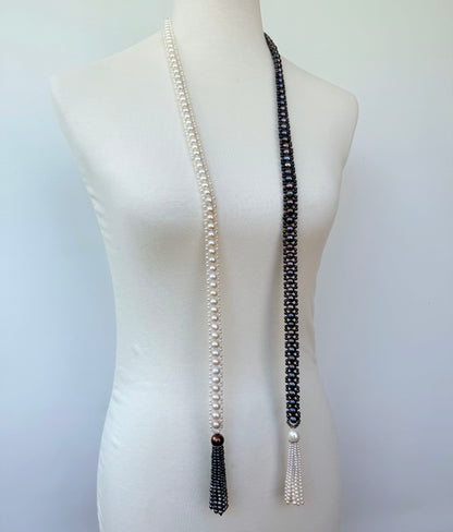 Black & White Pearl Sautoir Lariat with Diamonds