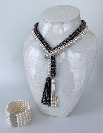 Black & White Pearl Sautoir Lariat with Diamonds