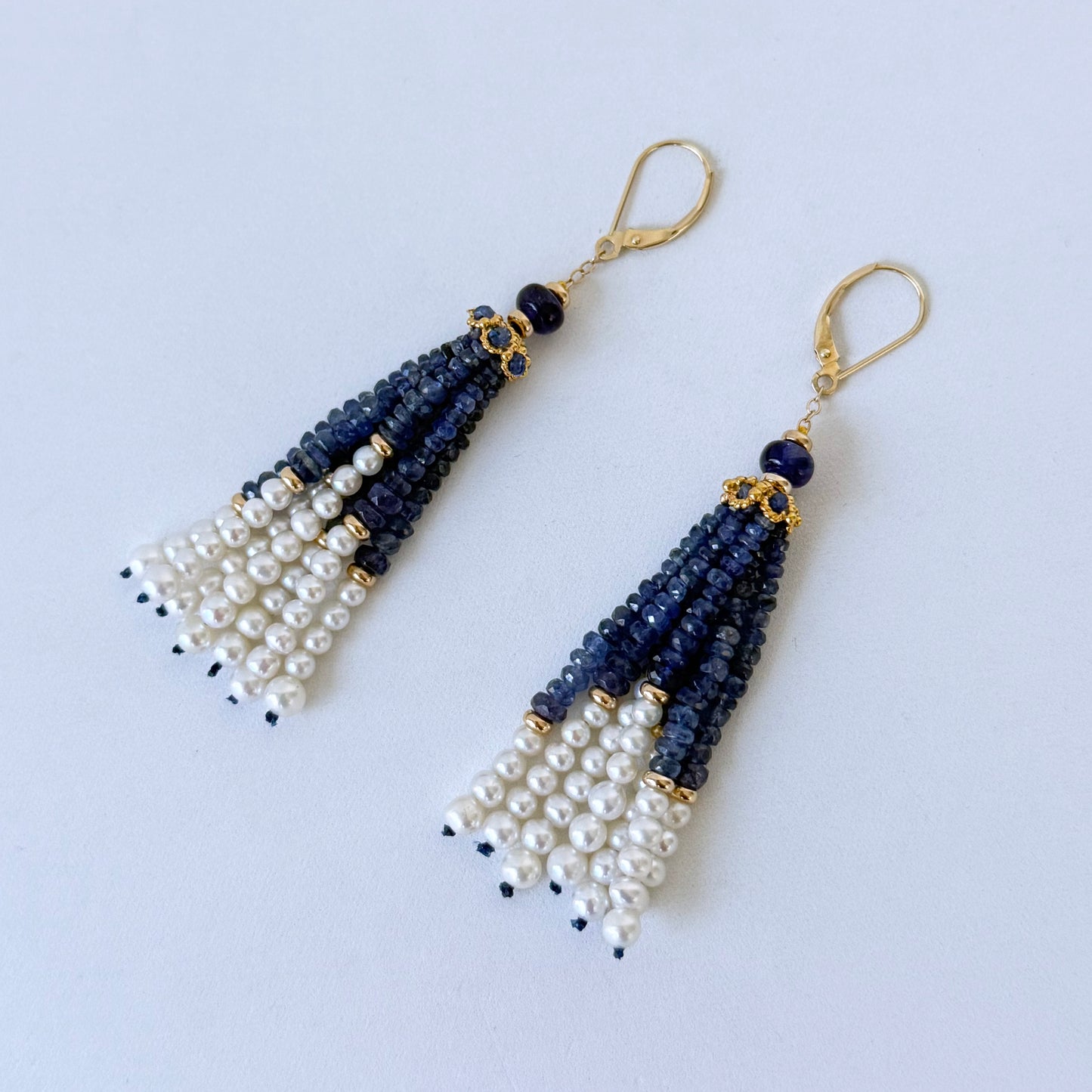 Blue Sapphire, 14k & Pearl Tassel Earrings