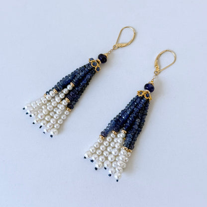 Blue Sapphire, 14k & Pearl Tassel Earrings
