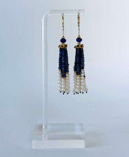 Blue Sapphire, 14k & Pearl Tassel Earrings