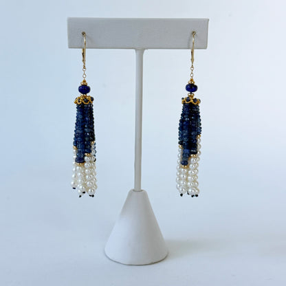 Blue Sapphire, 14k & Pearl Tassel Earrings