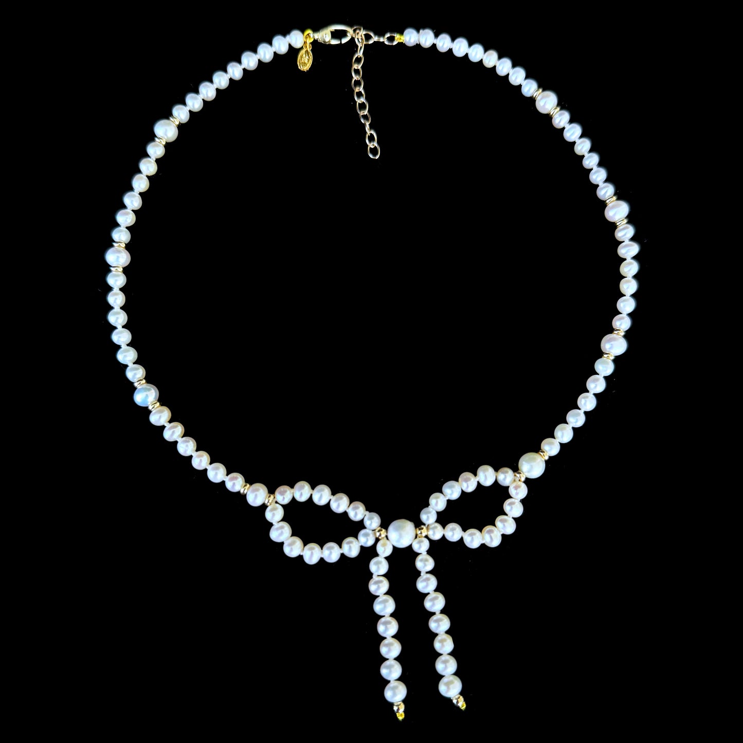 Valentine's Pearl & Solid 14k Yellow Gold Bow Adjustable Necklace