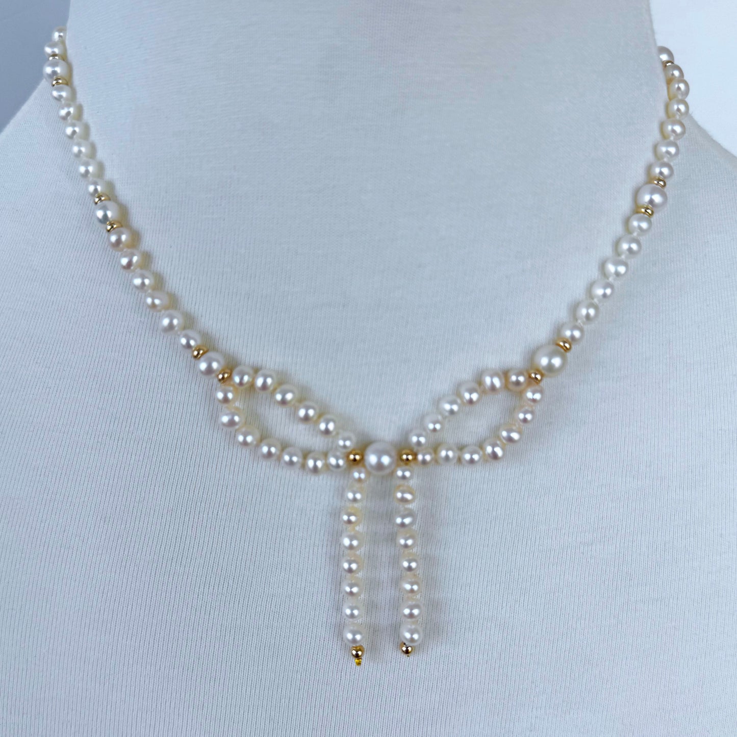 Valentine's Pearl & Solid 14k Yellow Gold Bow Adjustable Necklace