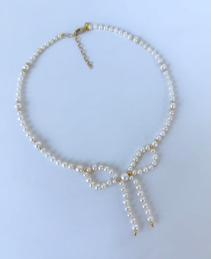 Valentine's Pearl & Solid 14k Yellow Gold Bow Adjustable Necklace