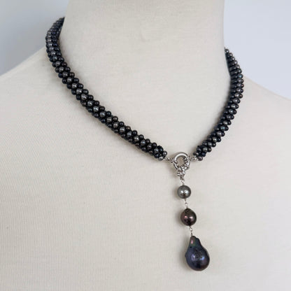 Black Pearl Rope Necklace with Ombre Drop Tassel