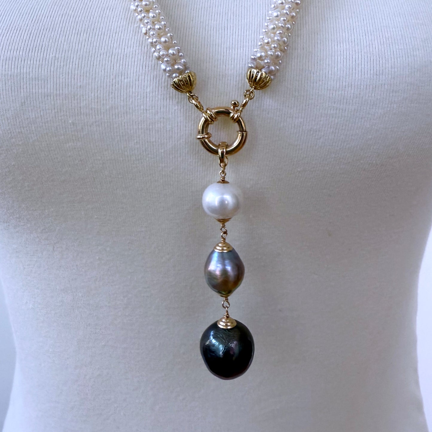 3 Dimensional Pearl Woven Bridal Necklace with Graduated Black Pearl Drop