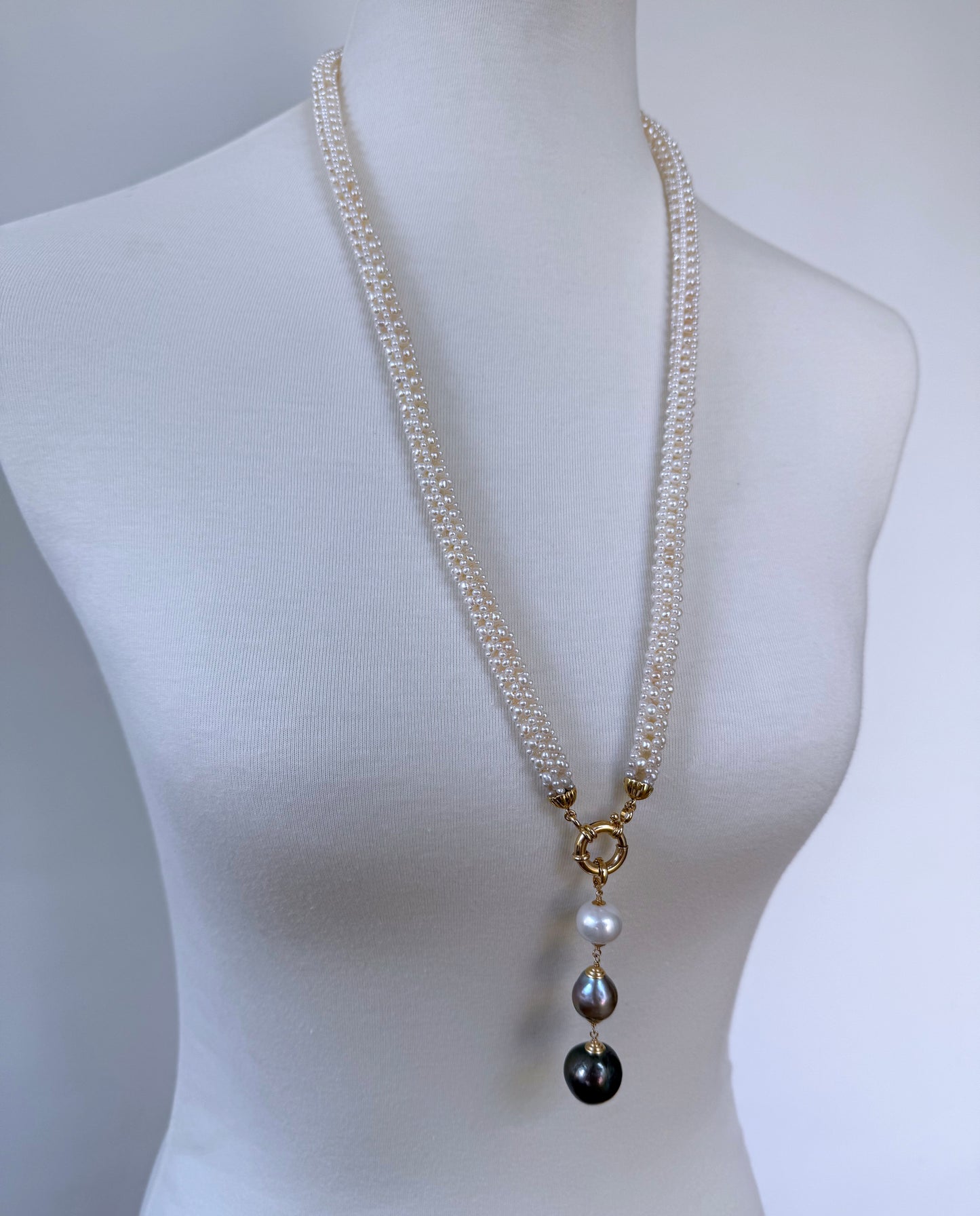 3 Dimensional Pearl Woven Bridal Necklace with Graduated Black Pearl Drop