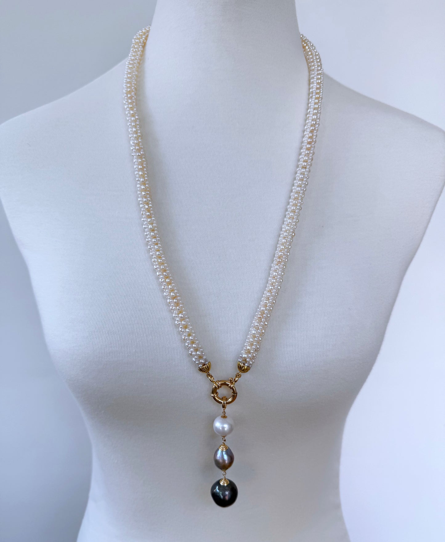 3 Dimensional Pearl Woven Bridal Necklace with Graduated Black Pearl Drop