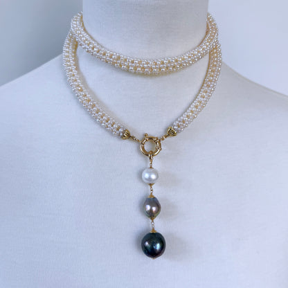 3 Dimensional Pearl Woven Bridal Necklace with Graduated Black Pearl Drop