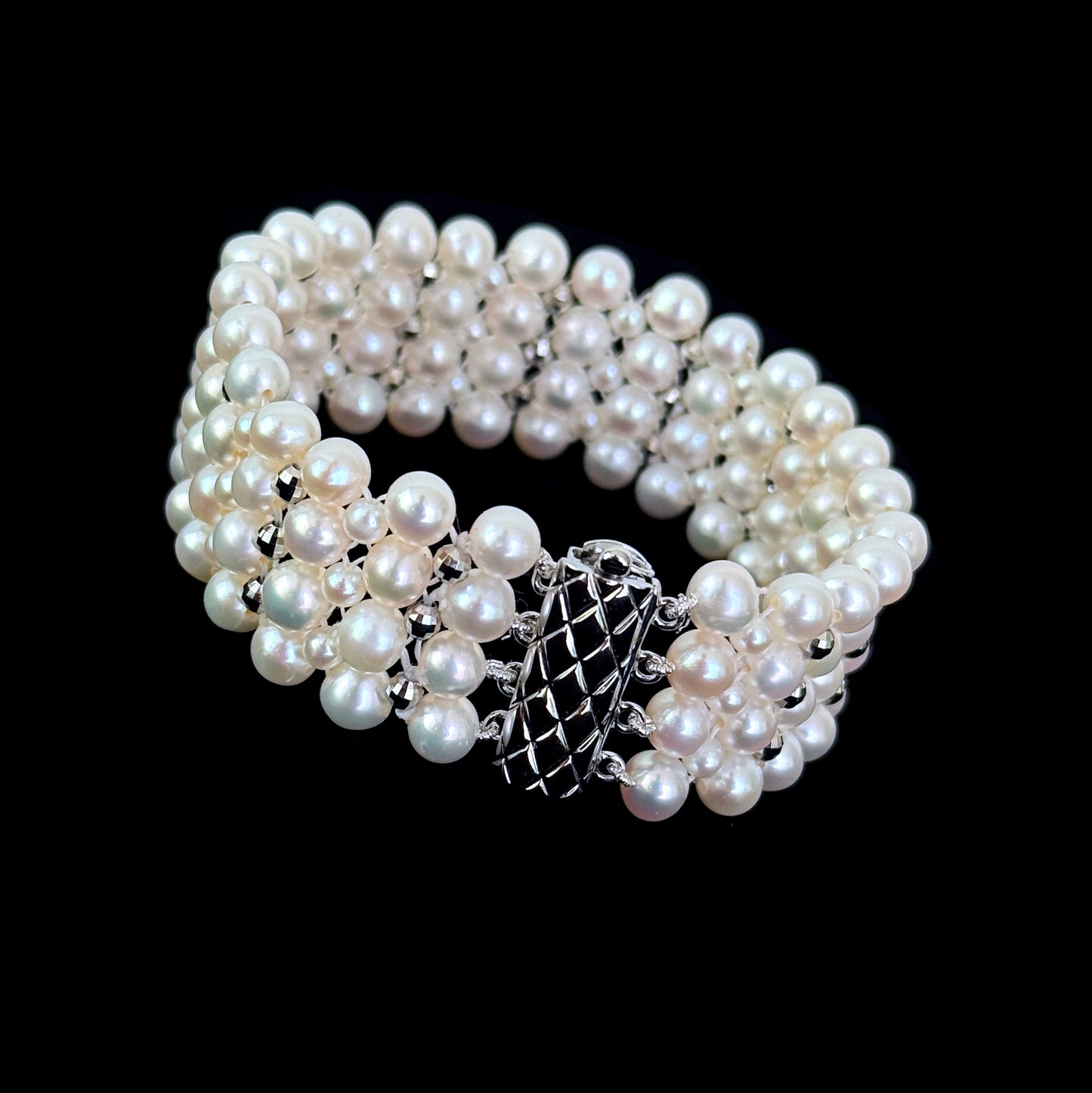 Pearl Woven Bridal Bracelet with Rhodium Silver