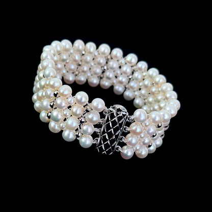 Pearl Woven Bridal Bracelet with Rhodium Silver