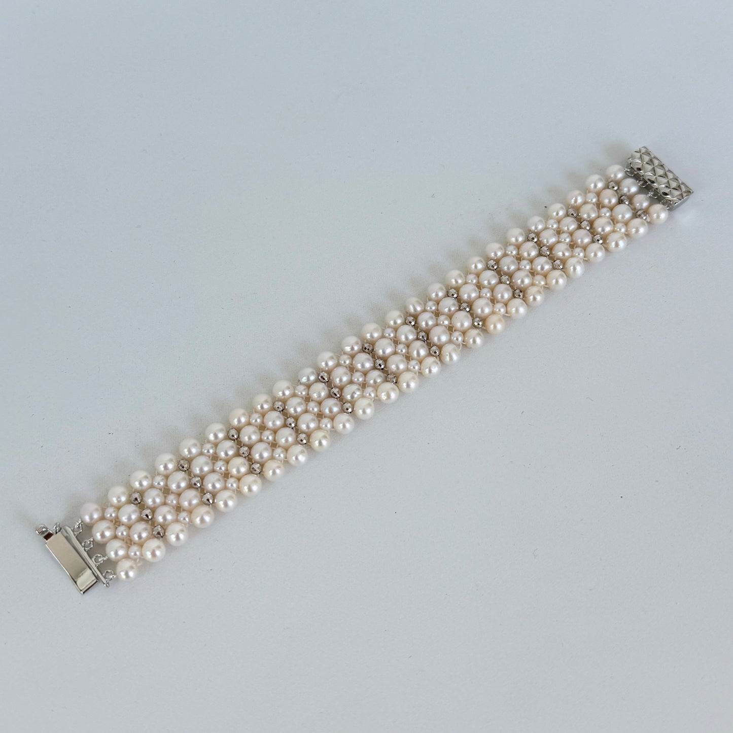 Pearl Woven Bridal Bracelet with Rhodium Silver