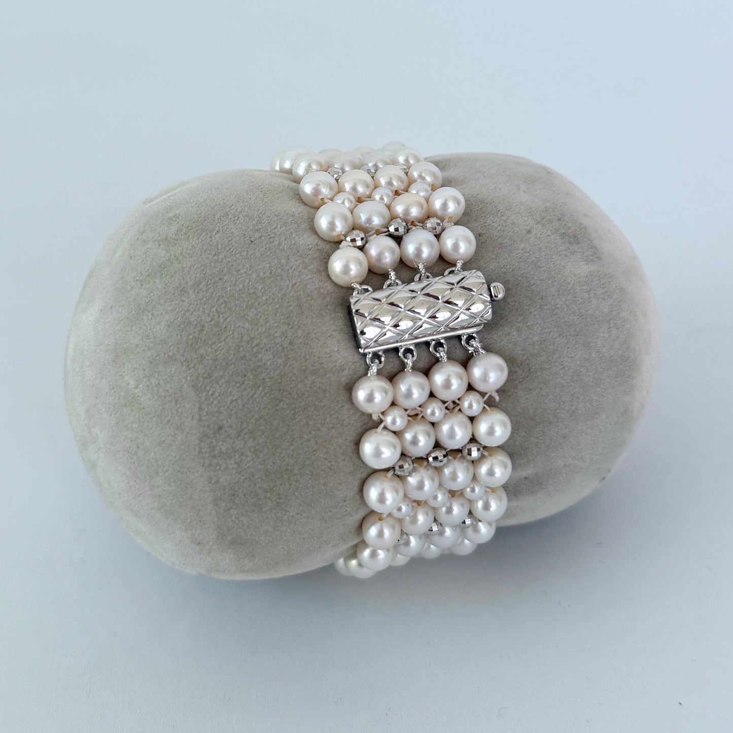 Pearl Woven Bridal Bracelet with Rhodium Silver
