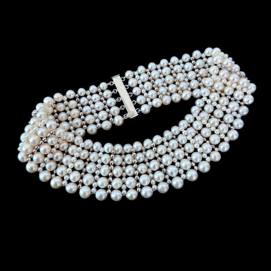 Bridal Pearl Woven Choker with Rhodium Silver