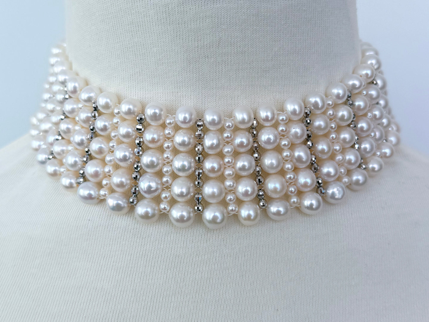 Bridal Pearl Woven Choker with Rhodium Silver