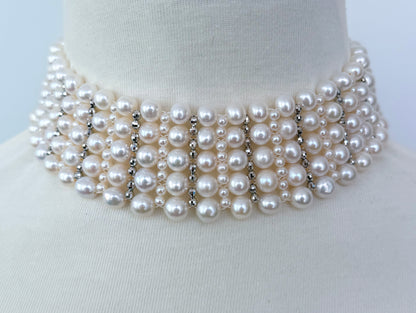 Bridal Pearl Woven Choker with Rhodium Silver