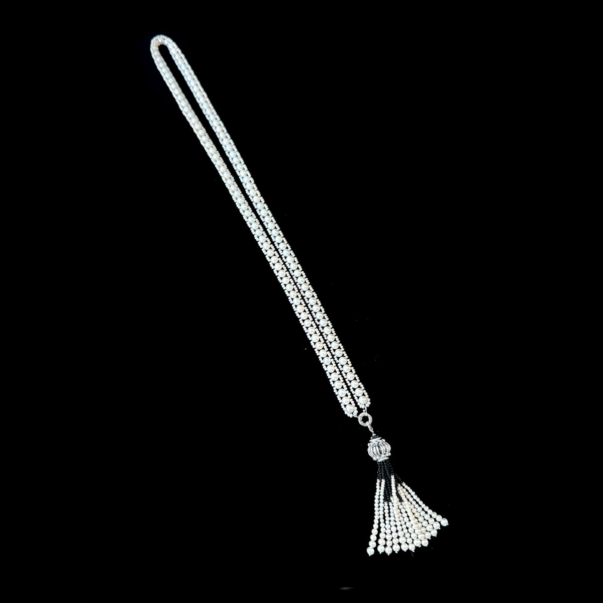 Woven Pearl Sautoir with Black Onyx & Rhodium Silver