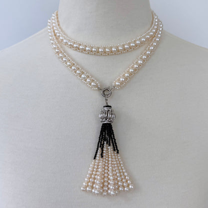 Woven Pearl Sautoir with Black Onyx & Rhodium Silver