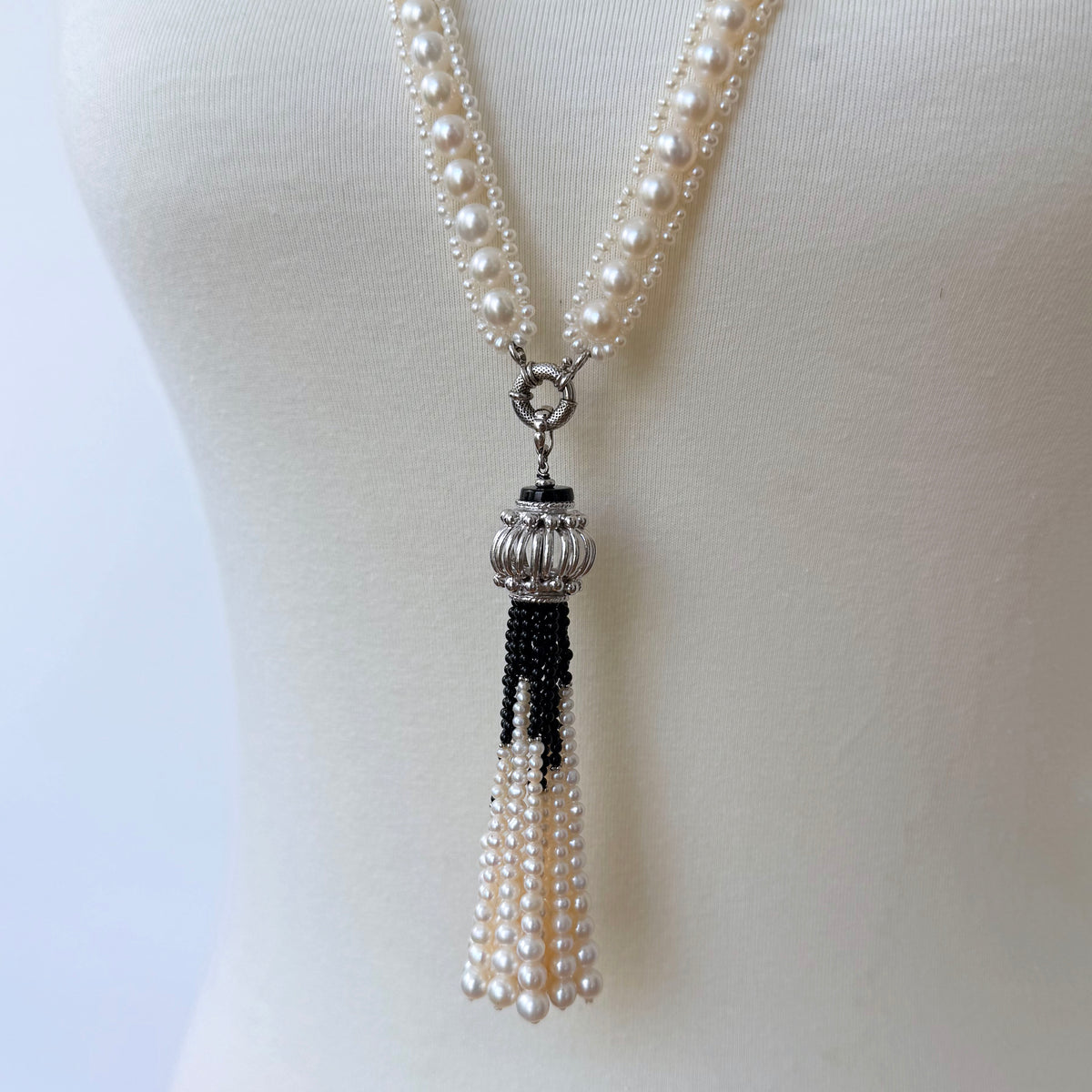 Woven Pearl Sautoir with Black Onyx & Rhodium Silver