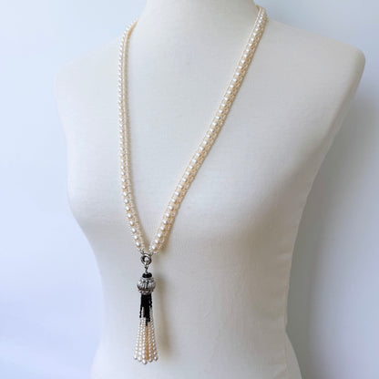 Woven Pearl Sautoir with Black Onyx & Rhodium Silver