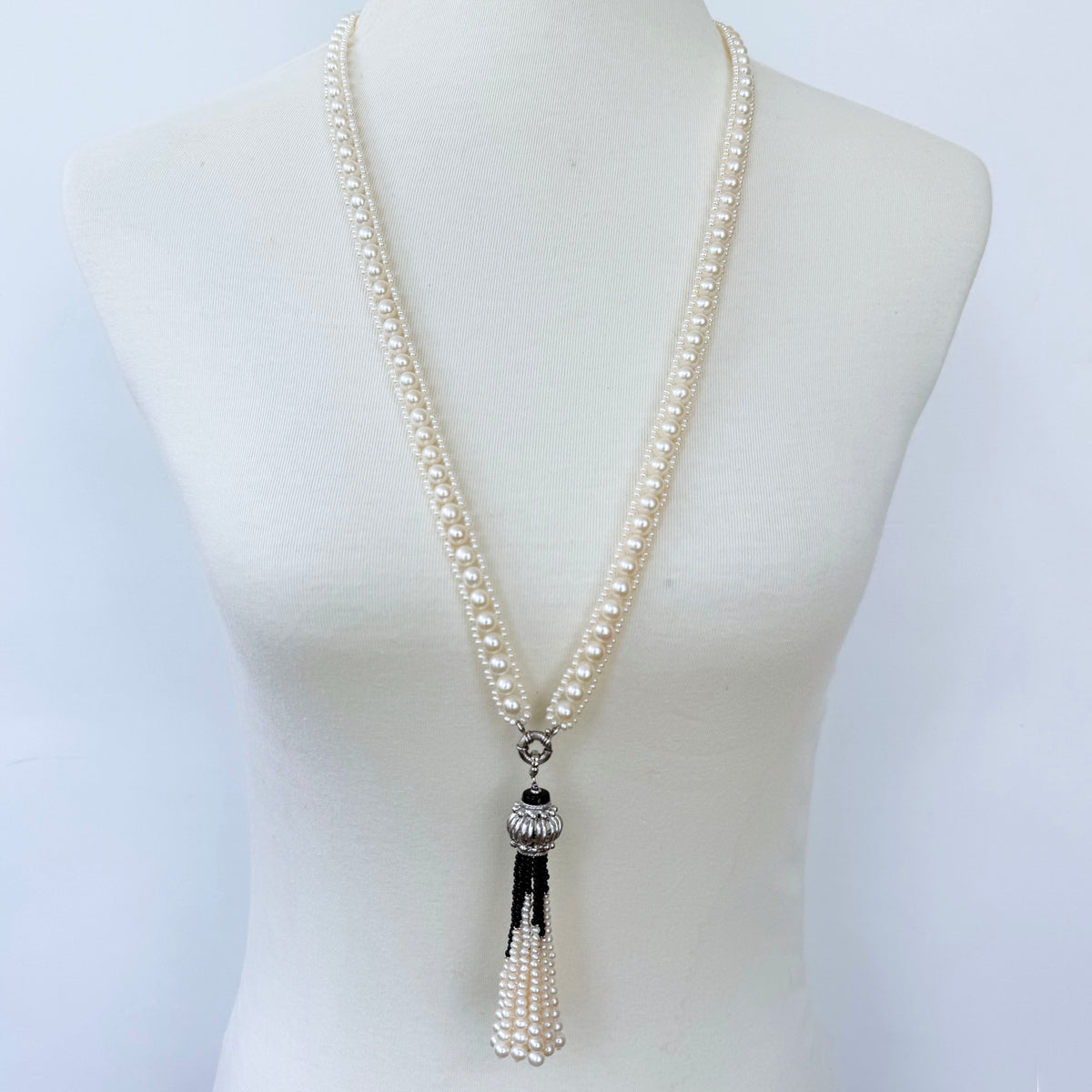 Woven Pearl Sautoir with Black Onyx & Rhodium Silver