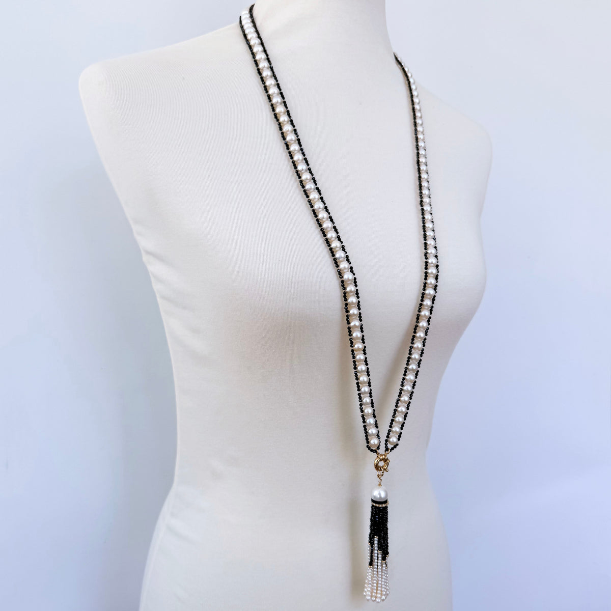 Pearl and Black Spinel Satuoir and Tassel with 14k Yellow Gold