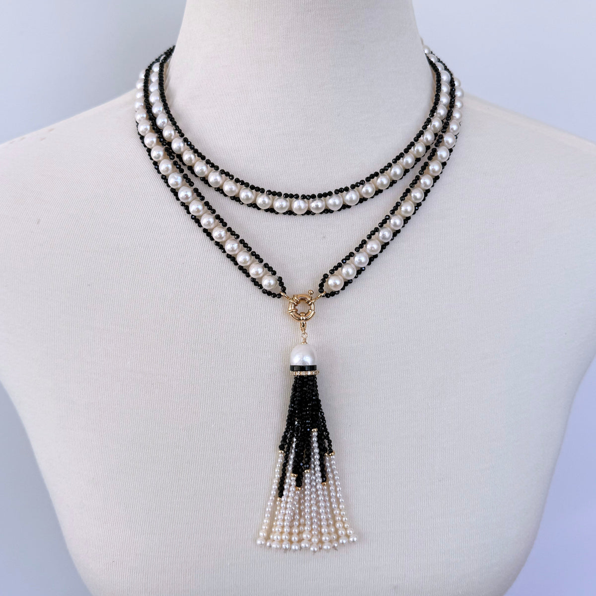 Pearl and Black Spinel Satuoir and Tassel with 14k Yellow Gold