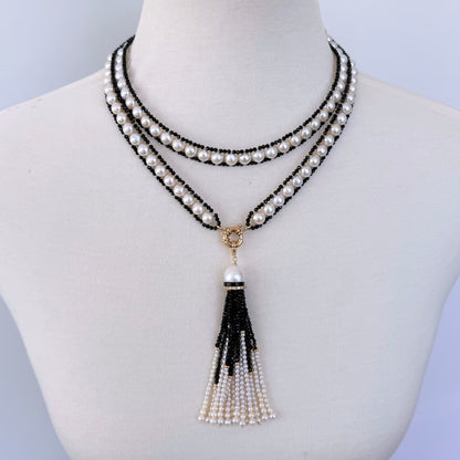 Pearl and Black Spinel Satuoir and Tassel with 14k Yellow Gold