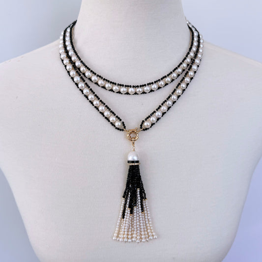 Pearl and Black Spinel Satuoir and Tassel with 14k Yellow Gold