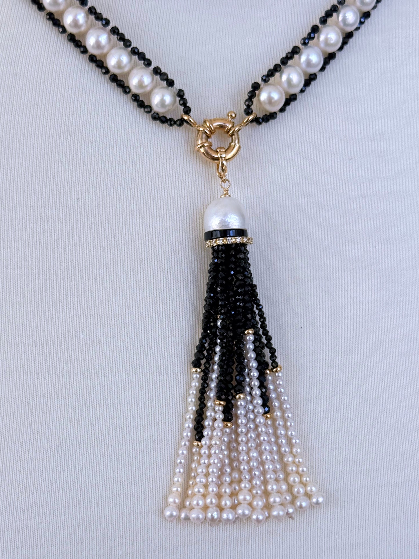 Pearl and Black Spinel Satuoir and Tassel with 14k Yellow Gold