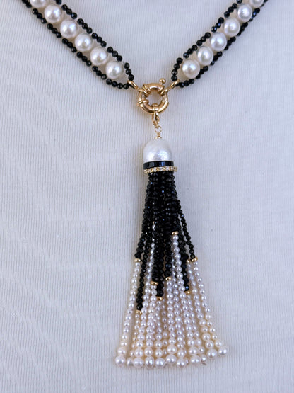 Pearl and Black Spinel Satuoir and Tassel with 14k Yellow Gold