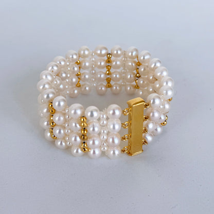 Pearl Woven Bridal Bracelet with 18k Yellow Gold Plating