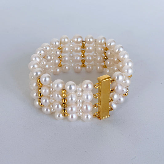 Pearl Woven Bridal Bracelet with 18k Yellow Gold Plating