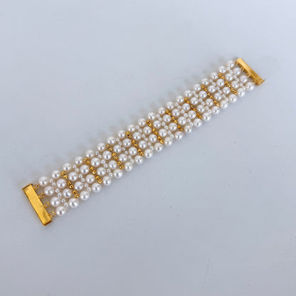 Pearl Woven Bridal Bracelet with 18k Yellow Gold Plating