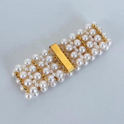 Pearl Woven Bridal Bracelet with 18k Yellow Gold Plating